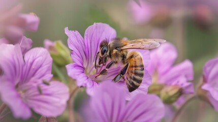 Bee delicately perched on vibrant purple flowers, showcasing the harmony of nature and the essential role of pollinators in our ecosystem.