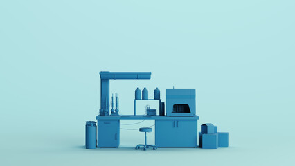 Blue laboratory equipment science lab research modern workplace pale background 3d illustration render digital rendering