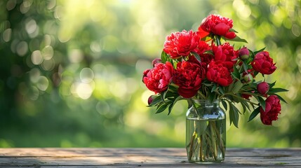 Beautiful bouquet of flowers red peonies in a glass jar with water on a wooden table in garden, Ukraine. Red peony albiflora or paeonia officinalis, close up