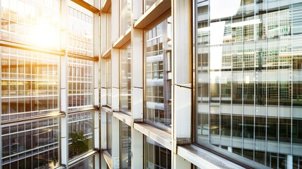 Close-up of an office window with cityscape view, clear glass, natural light, high detail, urban professional atmosphere. 
