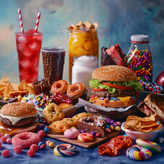  closeup picture of  many junk foods like burger, sandwiches, aerated drinks and desserts on a table. Concept of un healthy food and lifestyle © Chinsri