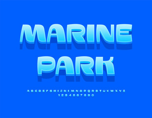 Vector creative banner Marine Park. Elegant Blue Font. Modern Trendy Alphabet Letters and Numbers set
