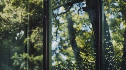 Reflection of trees in a window, close-up, natural light, crisp details, macro shot, serene outdoor view. 