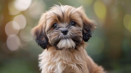 A close-up portrait of a small brown and white puppy with fluffy fur, looking directly at the camera. The dog is sitting in the grass, with a blurred background of green foliage and sunlight