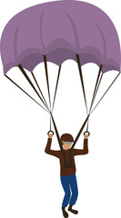 Flat isolated skydiver flying with a parachute. Cartoon parachutist illustration vector.
