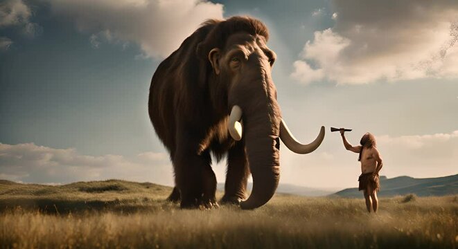 Neanderthal man next to a mammoth.