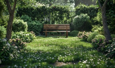 Obraz premium Shady garden with a wooden bench