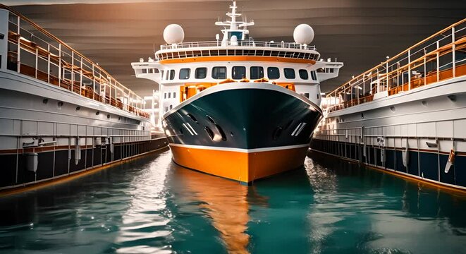 Cruise ship being built in a shipyard.
