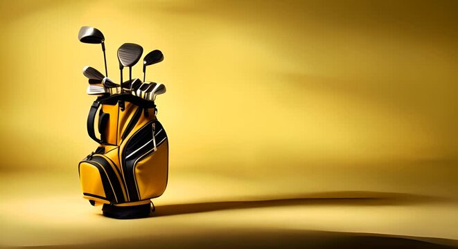 Golf bag with golf clubs on yellow background.