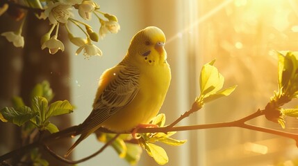 Obraz premium A yellow budgie sits on a branch with spring flowers, bathed in the warm glow of the sun