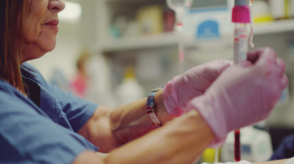 Obraz premium A woman wearing a blue shirt and pink gloves is holding a syringe