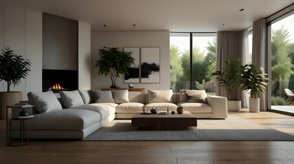 Fototapeta premium Minimalist living room interior design, relaxation and dining, wooden textures and indoor plants.