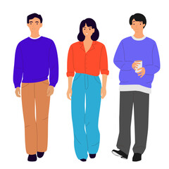  Set of two men and woman, different colors, cartoon character, group silhouettes of standing business people, students, design concept of flat icon, isolated on white background