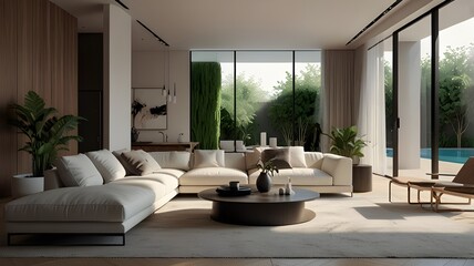 Minimalist living room interior design, relaxation and dining, wooden textures and indoor plants.