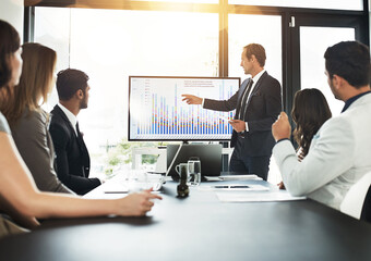 Businessman, meeting and presentation with data on screen for hr metrics review, insights and...