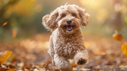 A brown and white dog with curly fur runs through a path of fallen autumn leaves. The dog is looking forward, with a happy expression, and its tongue is sticking out