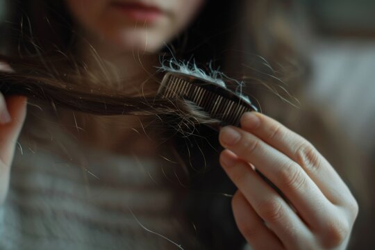 A woman's hand holds some loose hair while combing it, in a style of beauty concept