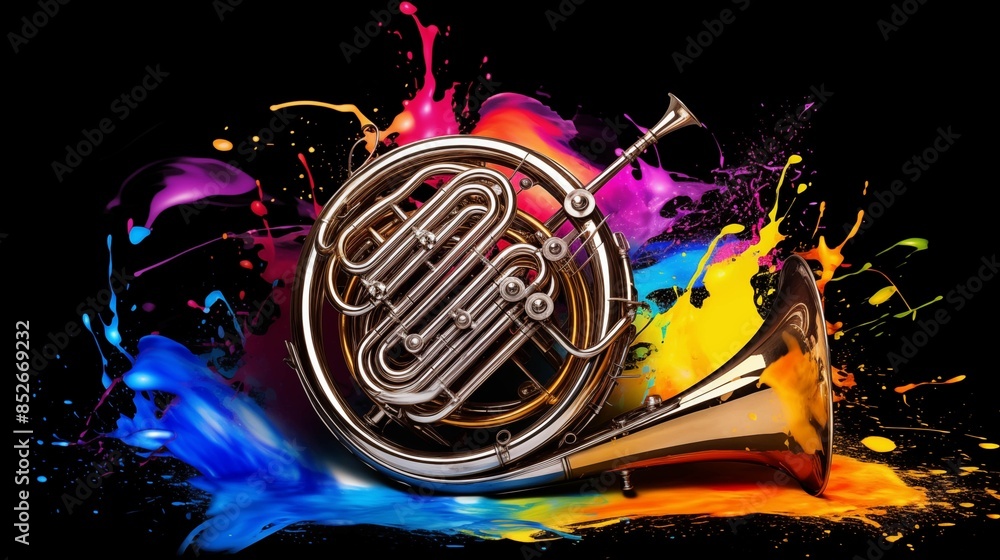 Wall mural Abstract illustration of a french horn in an explosion of colorful paint on a black background