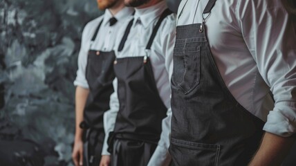 Three men in uniforms with aprons standing side by
