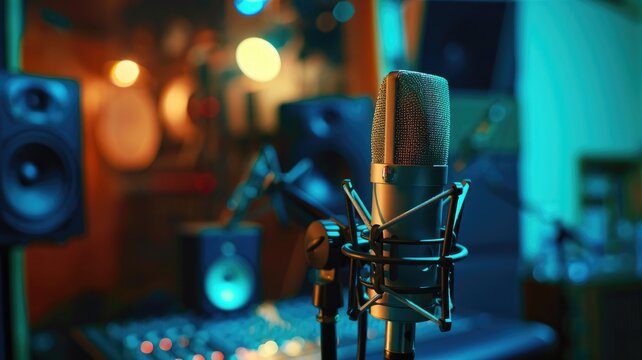 High-quality microphone in recording studio with blurred background equipment