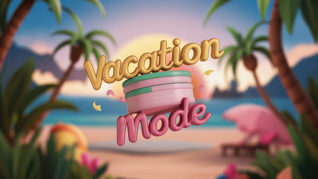 Vacation mode logo with palm trees and beach, AI