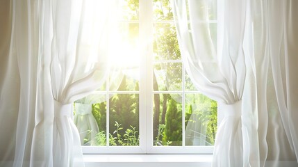 Close-up of an open window, white curtains billowing, soft daylight, detailed texture, high resolution, fresh breeze. 