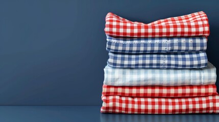 Fototapeta premium A stack of neatly folded red and white checkered cloth napkins on a blue background.