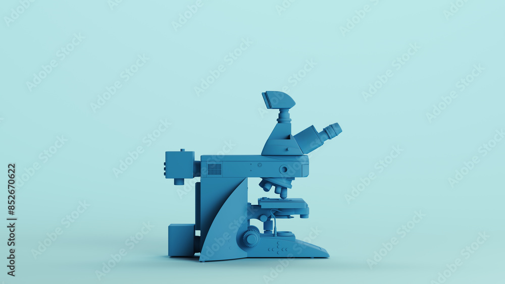 Poster blue microscope science laboratory lab equipment research soft tones pale background side view 3d il