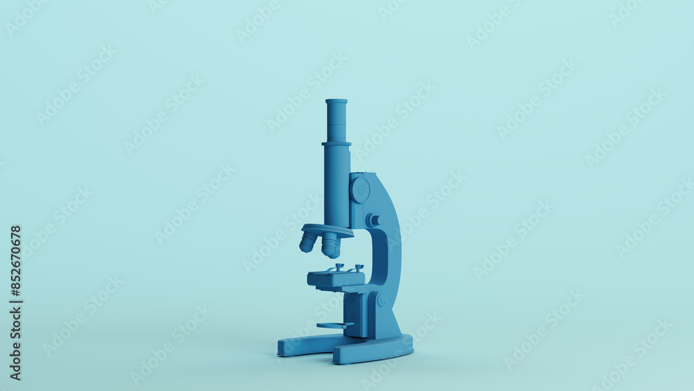 Poster blue microscope science laboratory lab equipment research soft tones pale background quarter view 3d
