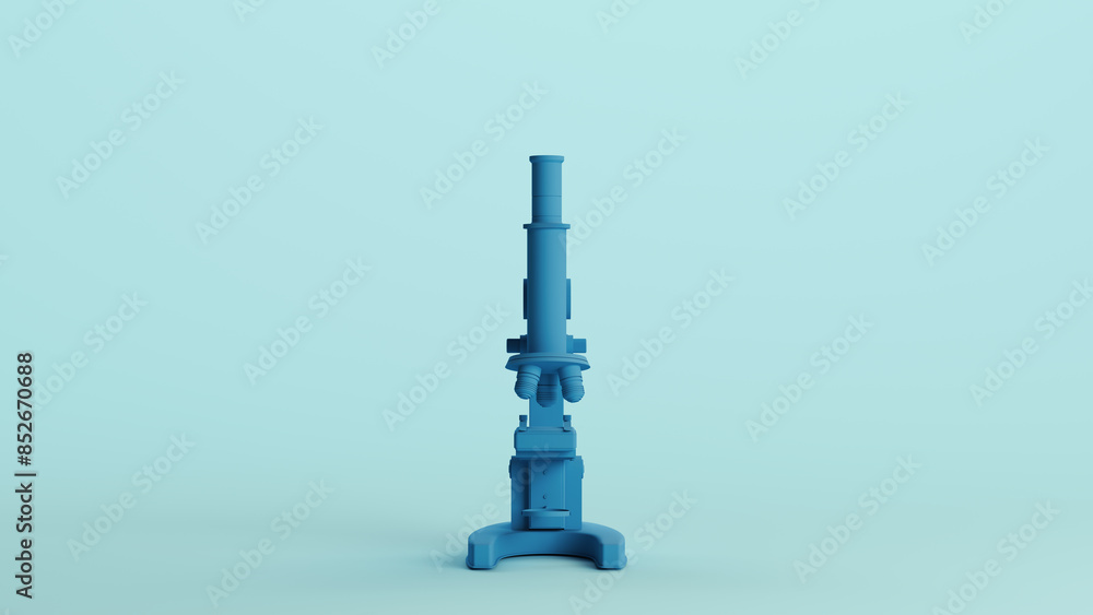 Poster blue microscope science laboratory lab equipment research soft tones pale background front view 3d i
