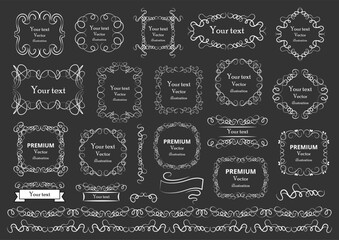 Big set of vector graphic elements for design. Decorative swirls or scrolls, vintage frames , flourishes, labels and dividers. Retro vector illustration