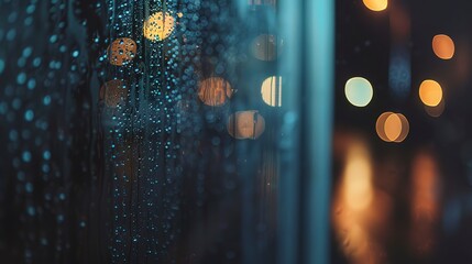 Obraz premium Nighttime window view, close-up, raindrops on glass, blurred streetlights, soft glow, detailed texture, macro shot. 