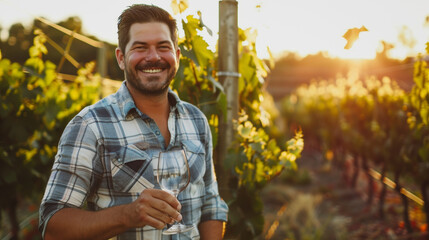 Obraz premium Smiling winemaker man with a glass of red wine in the vineyard