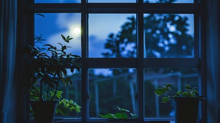 Fototapeta premium Close-up of a window with night garden view, soft moonlight, silhouettes of trees, natural light, high detail, peaceful ambiance. 