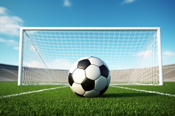 Soccer field with goal post, vibrant green turf, and net shadow for dynamic play