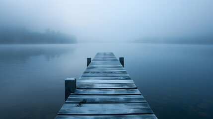 Fototapeta premium A secluded wooden pier extending into a misty lake at dawn inviting quiet reflection and solitude.