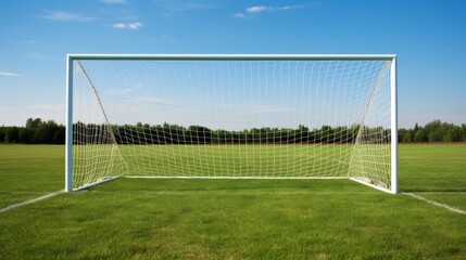 Fototapeta premium Soccer field with goal net shadow, vibrant green grass, and soccer goal for sports enthusiasts