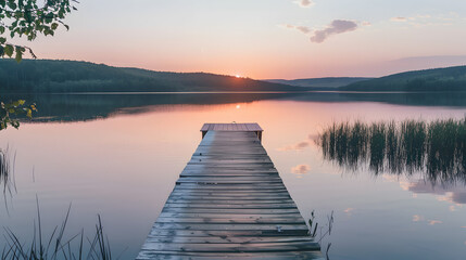 Obraz premium A serene lakeside retreat with a wooden dock extending into calm waters at sunset.