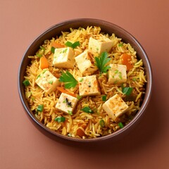 Indian popular healthy cuisine vegetarian paneer pulao or panir pulav on brown background 