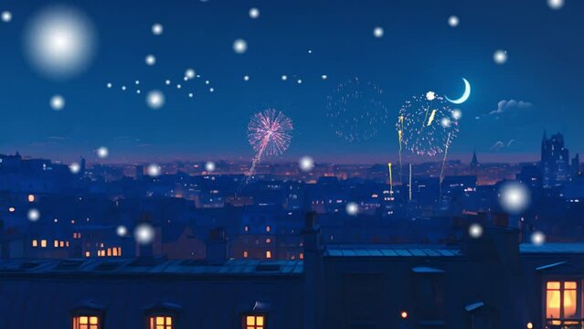 Christmas animation. Winter landscape passing by. Happy new year moving background. City by night with rooftops on blue background. Firework in the in sky 4k video 2025
