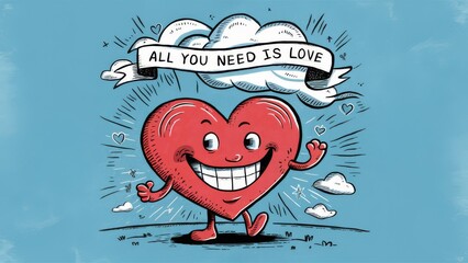 A cartoon heart with a banner that says all you need is love, AI