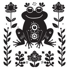 Frog and nature elements icons set, black vector illustration on white background