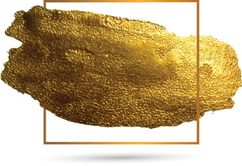 Gold paint brush stroke. Golden paint brush stroke glittering texture. gold paint brush strokes with foil texture frame. golden smear oil paint spot isolated on white background.