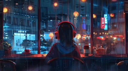 Obraz premium Girl sitting in a cafe with headphones on, at night by the window, Lo-fi style.