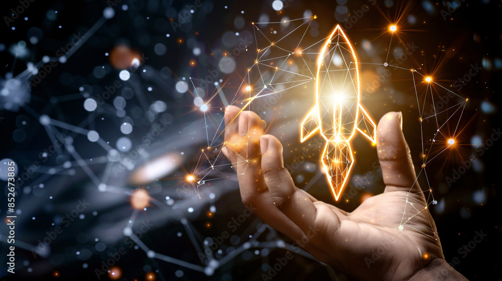Poster a concept image of a hand with a digital rocket, symbolizing innovation and growth