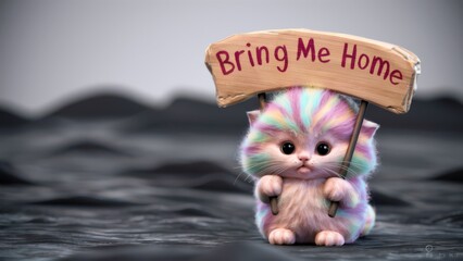 A small stuffed cat holding a sign that says bring me home, AI