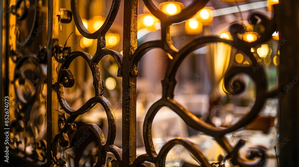 Poster Restaurant window with decorative ironwork, close-up, warm interior lighting, detailed texture, high resolution, elegant design. 