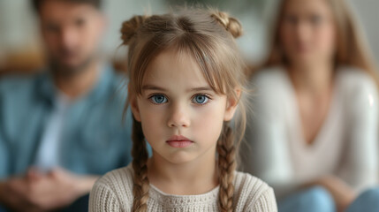 Obraz premium portrait of sad daughter frustrated with psychological. tired of parents . problem caused by family problems her father and mother 