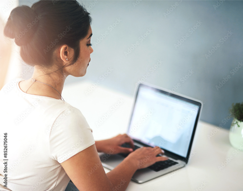 Aufkleber typing, office and business woman on laptop for online project, research and working on proposal at 