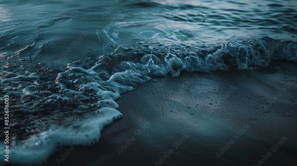 Poster close-up of gentle waves lapping onto shore with a moody blue twilight ambiance